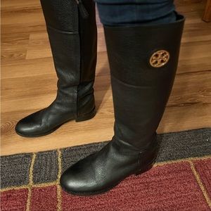Tory Burch black knee high boots, inside zip, gold-toned logo